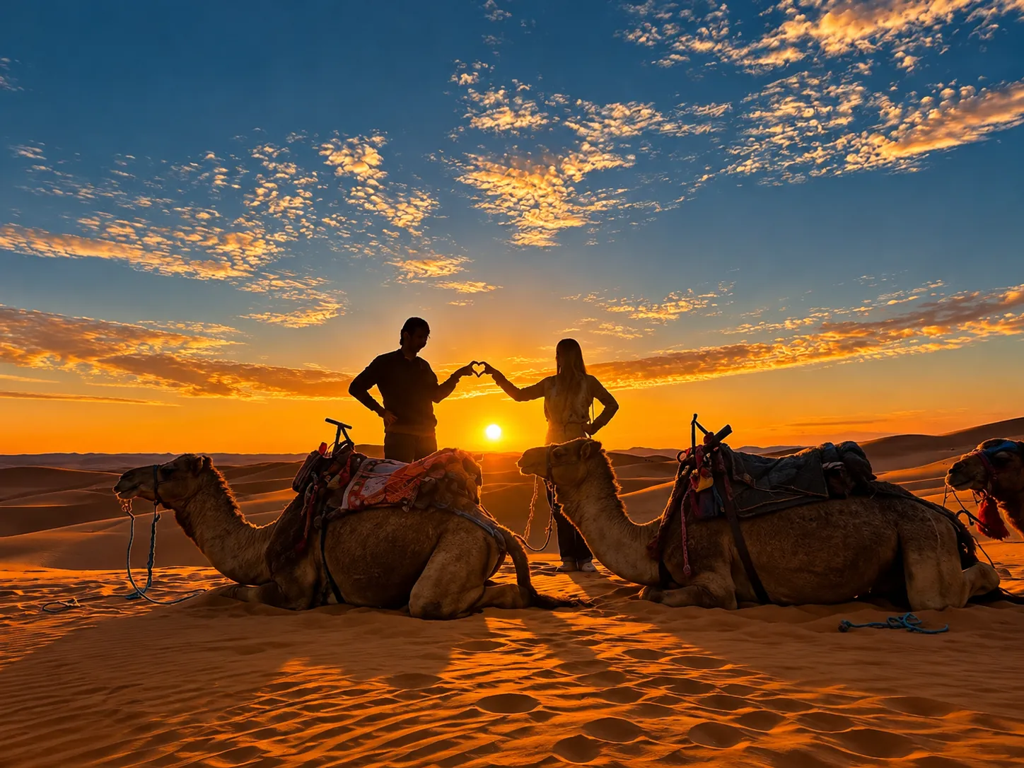 Pareja formando un corazón al atardecer entre los camellos
