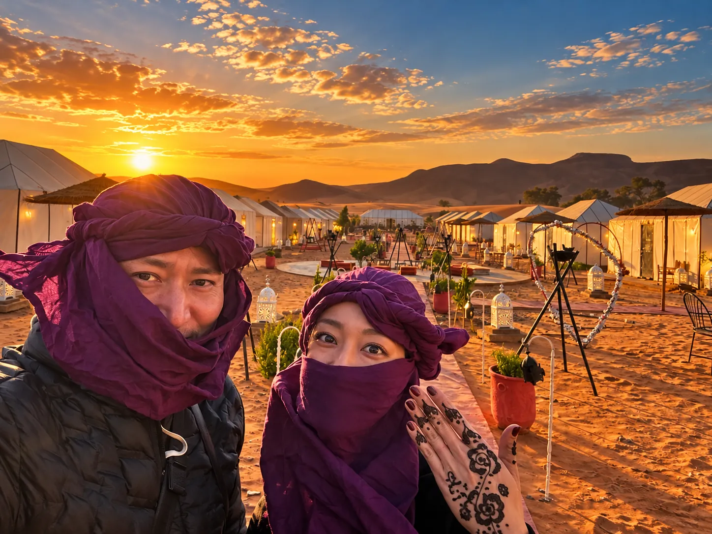 Ospiti che si fanno un selfie al campo al tramonto