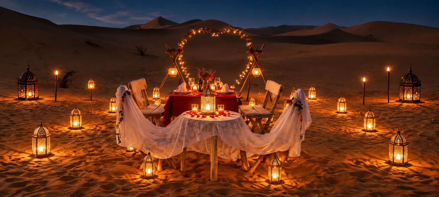 Cena romantica a lume di candela per due sotto un cuore tra le dune