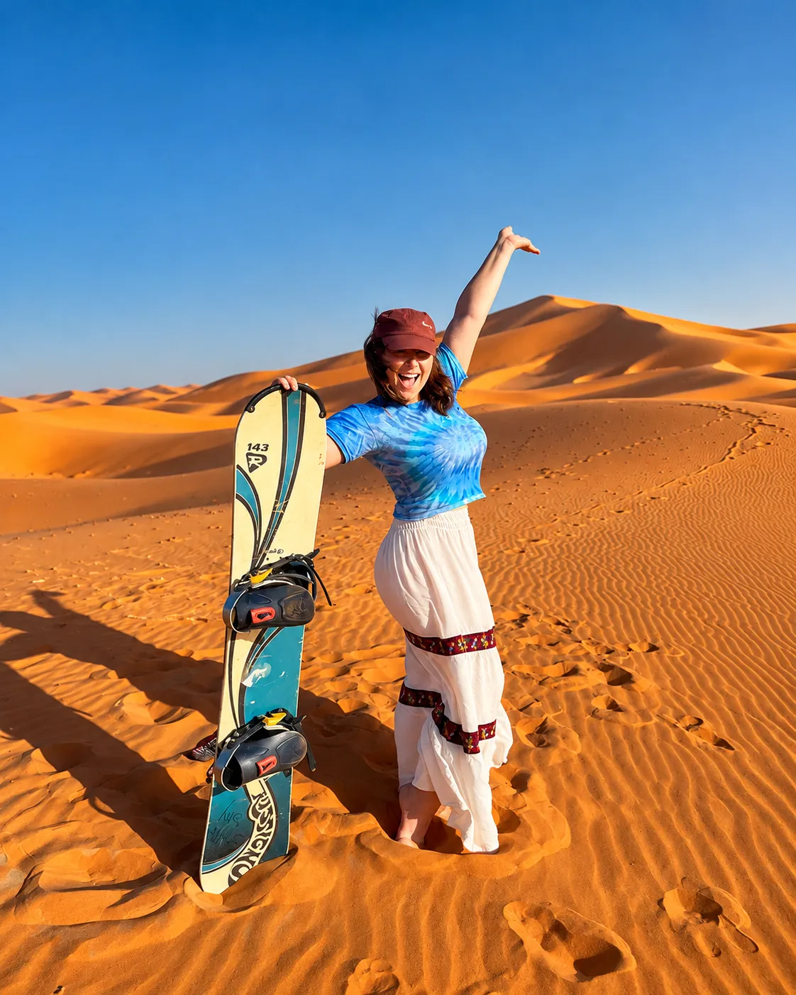 Viajera con una tabla de sandboard en lo alto de una duna